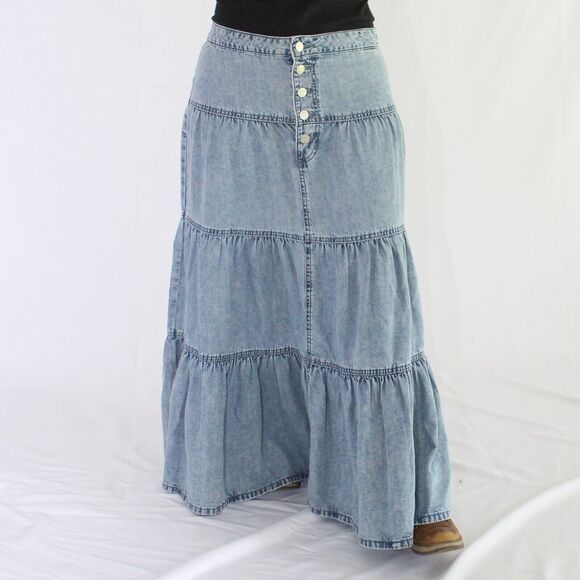 NWT M Jeans By Maurice Size 10 Long Modest Blue Jean Ruffle Maxi Denim Skirt - Picture 1 of 6